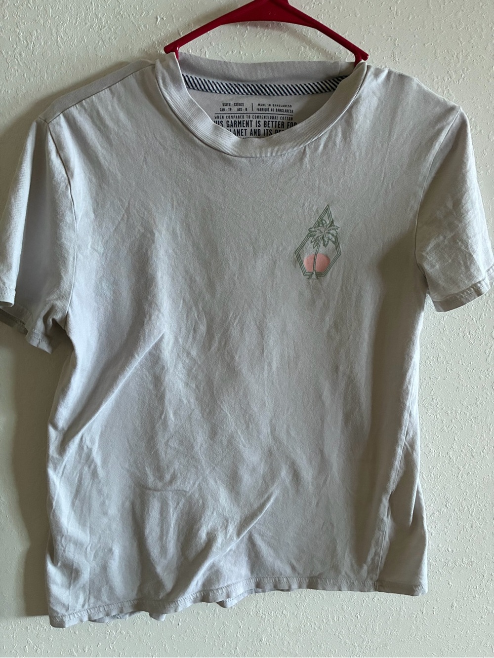 Surf tee.

Volvom Women's Light Gray Short Sleeve Tee with Pink Palm Graphic.